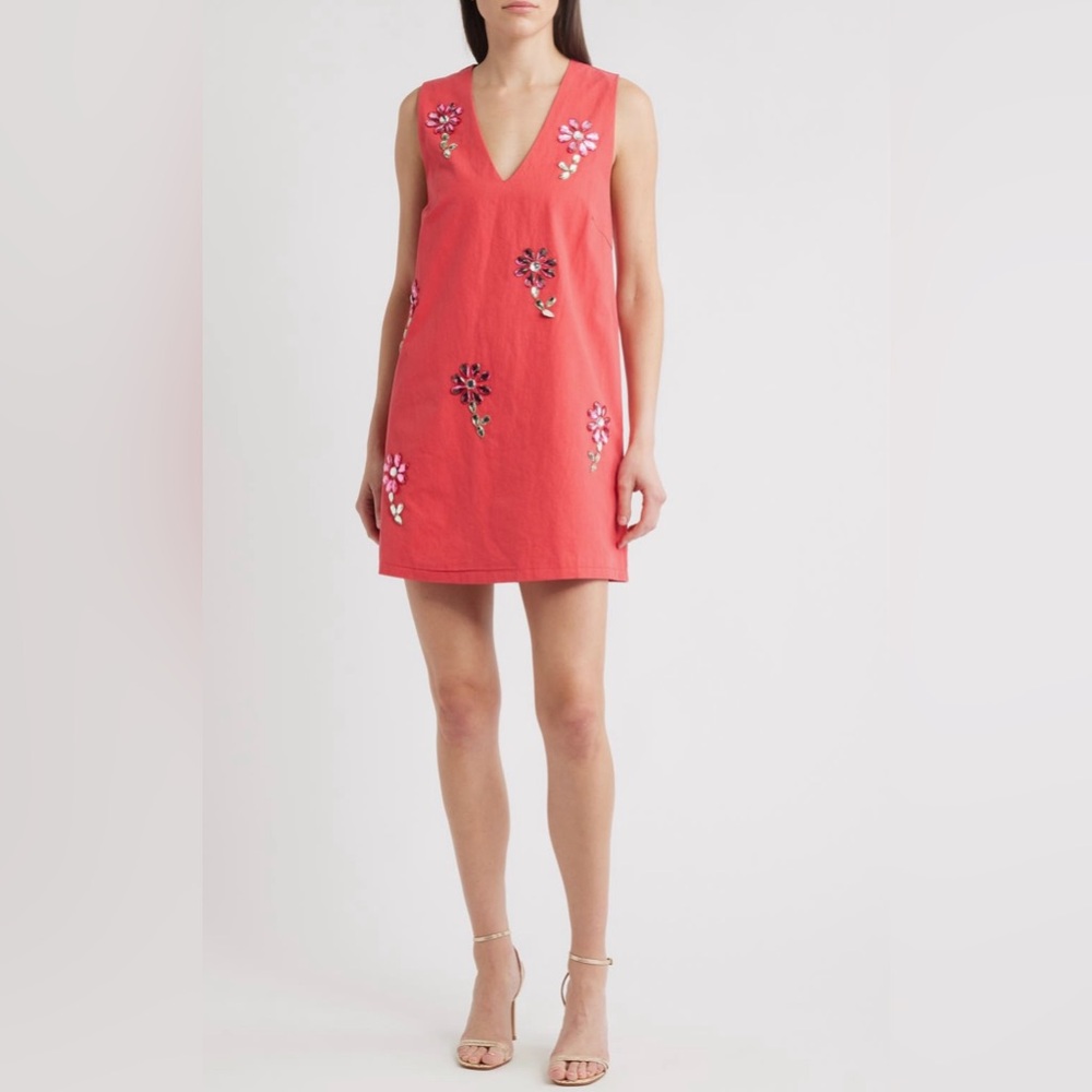 Sister Jane Coral Mini Dress with Floral Embellishments
